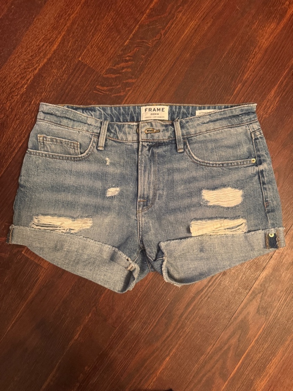 Frame Denim Light Indigo Distressed Rolled Hem Jean Shorts